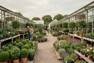 Vue panoramique d'une pépinière dans le Nord avec des allées de plantes en pot, arbustes et arbres fruitiers
