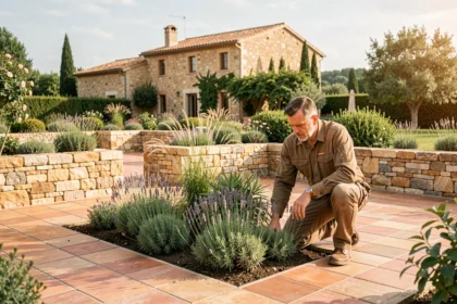 Paysagiste professionnel travaillant dans un jardin méditerranéen dans le Gard, avec lavande et murets en pierre calcaire