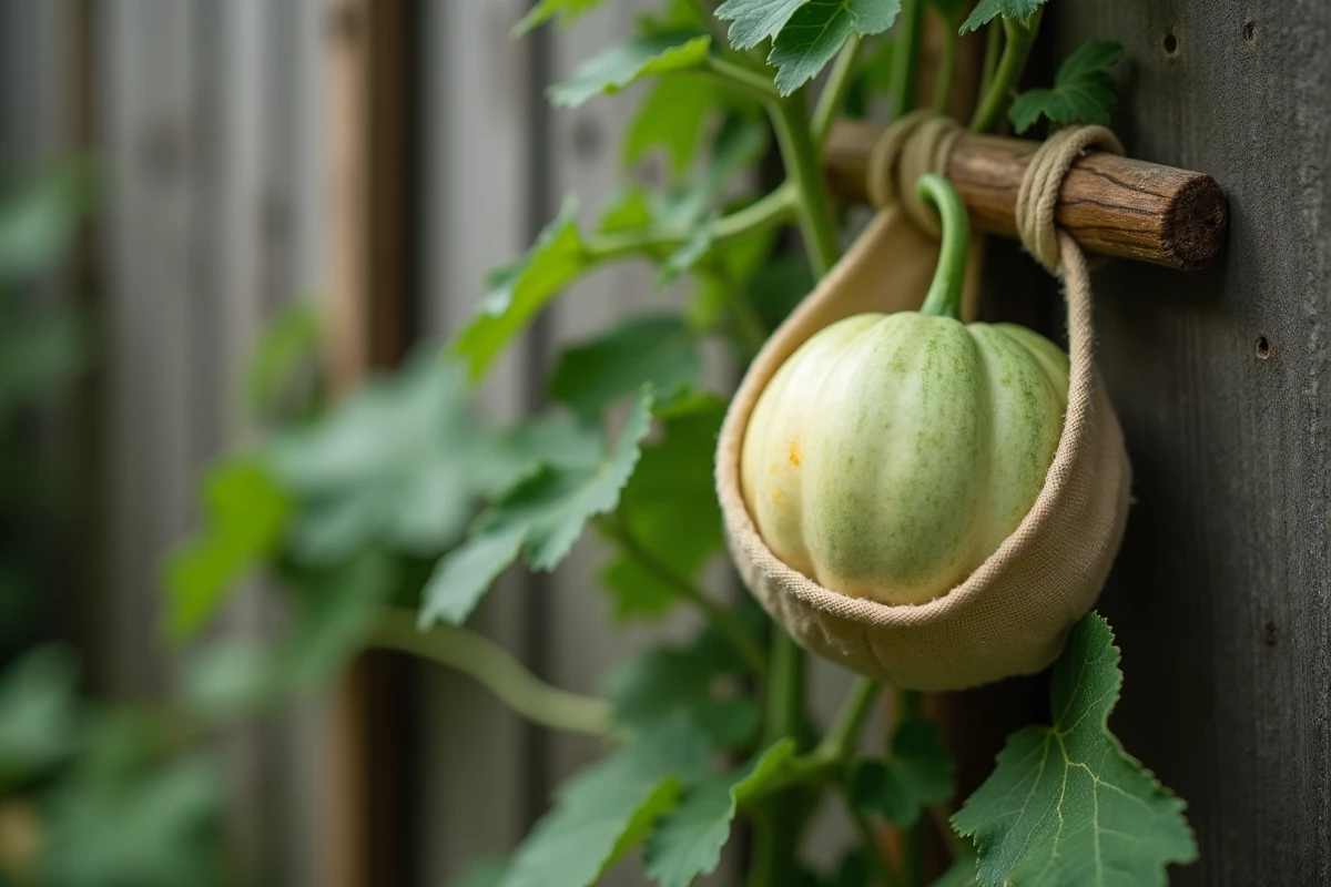 Fruit de melon suspendu dans un filet de soutien sur un treillis vertical dans un potager en carrés