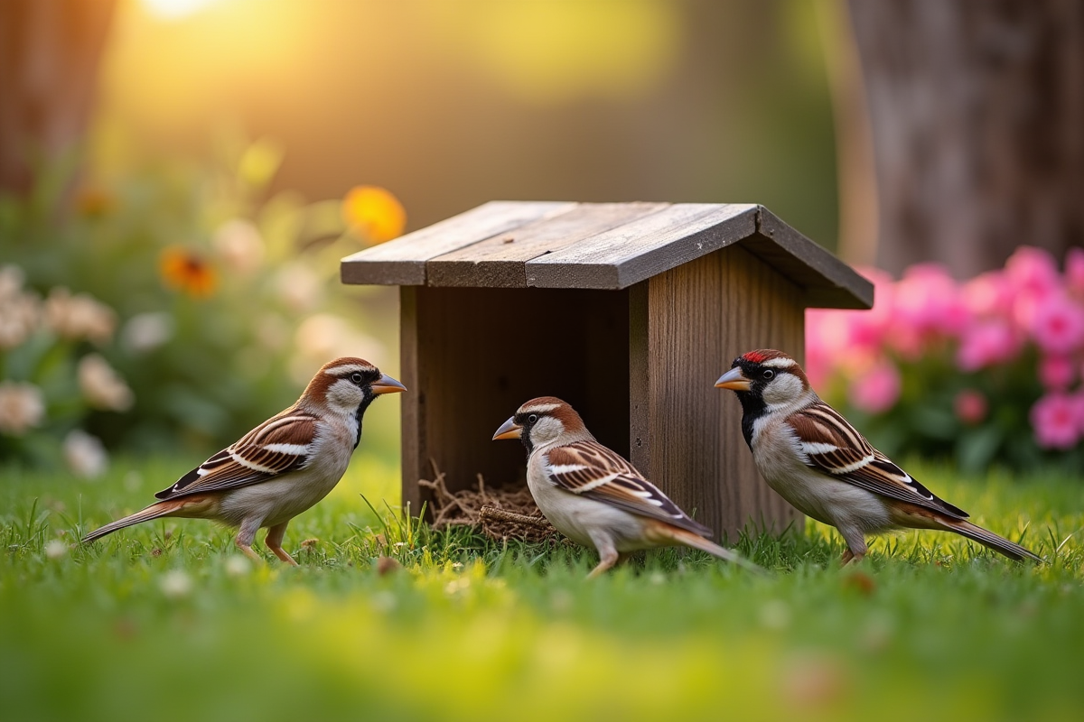 Merles explorant un nichoir dans un jardin fleuri en fin d