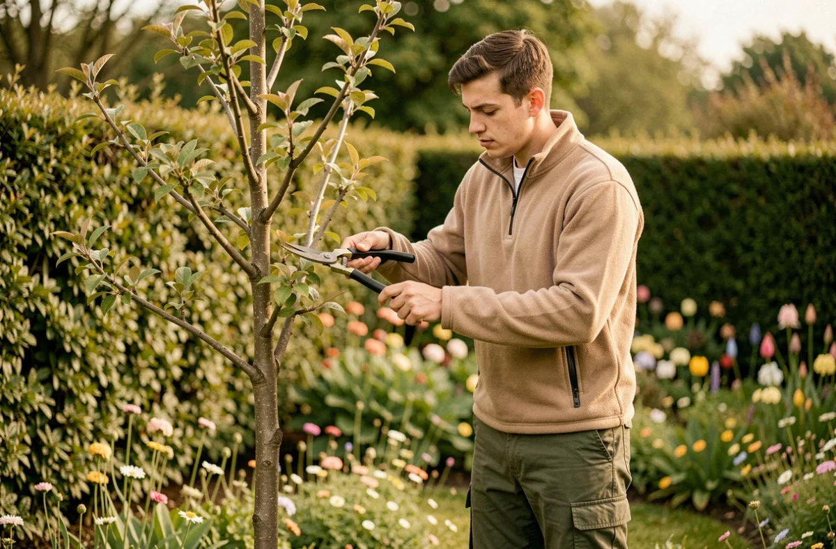 Jeune arboriste taillant un arbre ornemental dans un jardin naturel verdoyant du Nord, représentant Natural Paysages