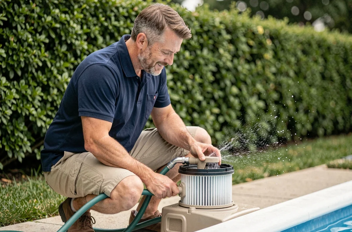 Homme nettoyant un filtre de piscine pour éliminer les vers et impuretés, eau projetée visible sur le système de filtration