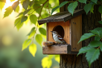 Nichoir en bois propre sur un arbre de jardin avec feuillage