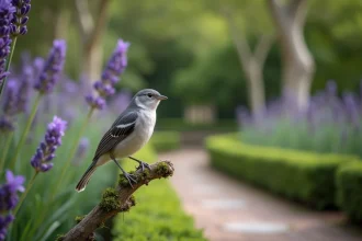 Oiseau gris et blanc perché dans un jardin français