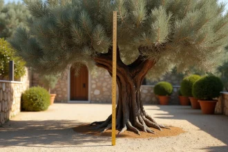 Olivier mature planté à bonne distance d'un mur mitoyen dans un jardin méditerranéen avec gravier et pots en terre cuite