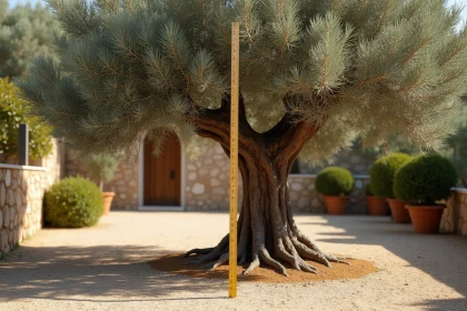 Olivier mature planté à bonne distance d'un mur mitoyen dans un jardin méditerranéen avec gravier et pots en terre cuite
