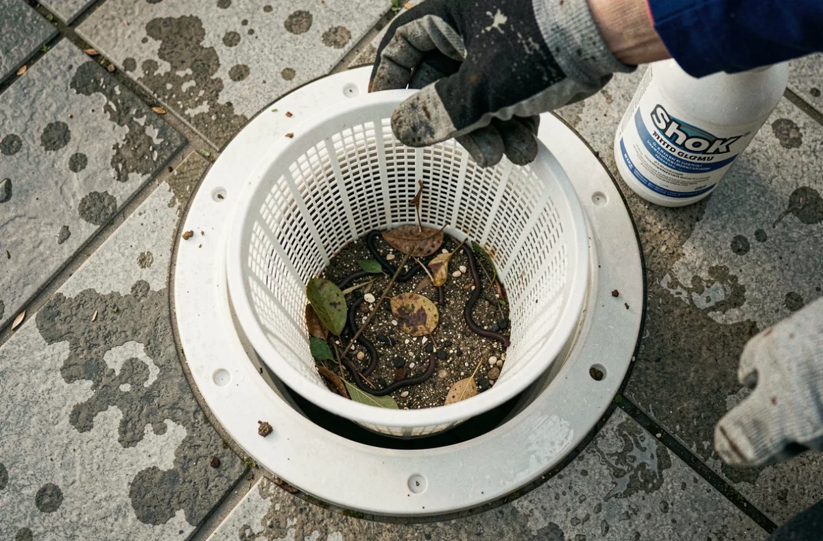 Panier de skimmer de piscine retiré contenant des vers et débris organiques, étape d'entretien pour assainir l'eau