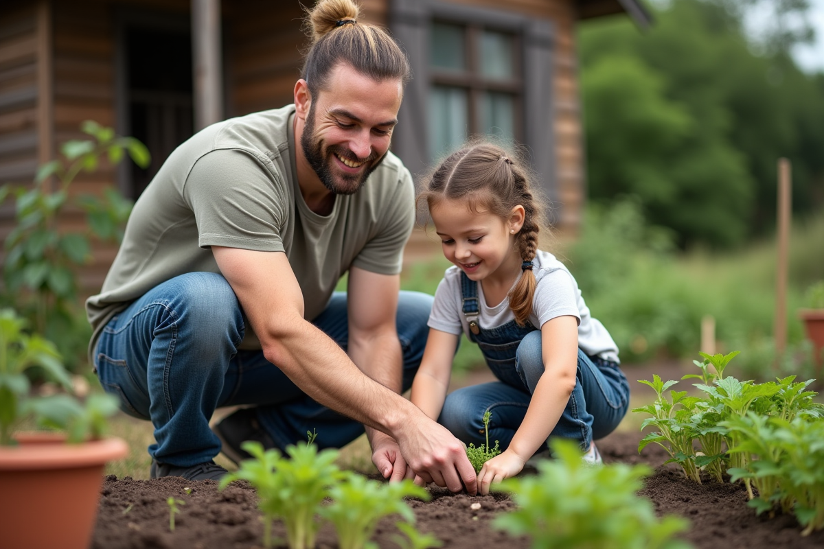 Père et fille plantant des graines dans un jardin familial