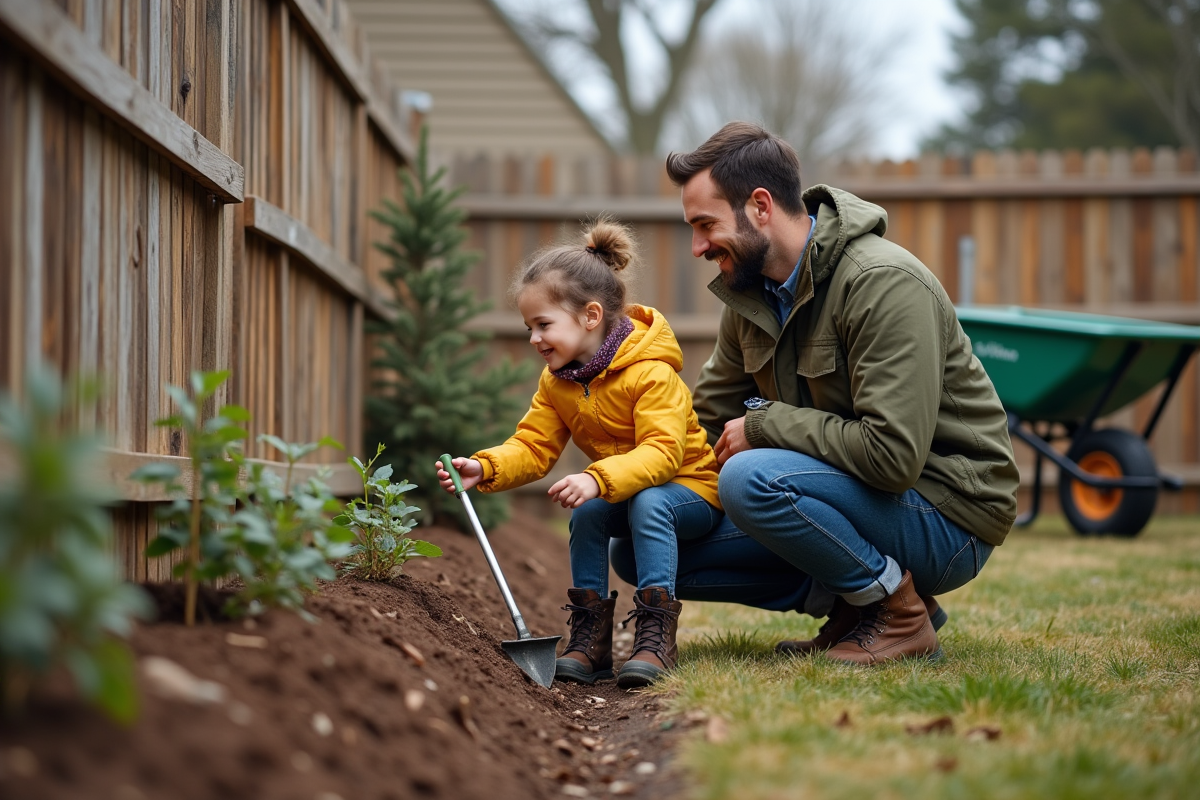 Père et fille préparant une bordure de fleurs dans le jardin