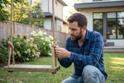 Jeune père examine la corde d'une balançoire de jardin