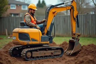 Particulier utilisant une mini pelle de location dans son jardin pour creuser une tranchée