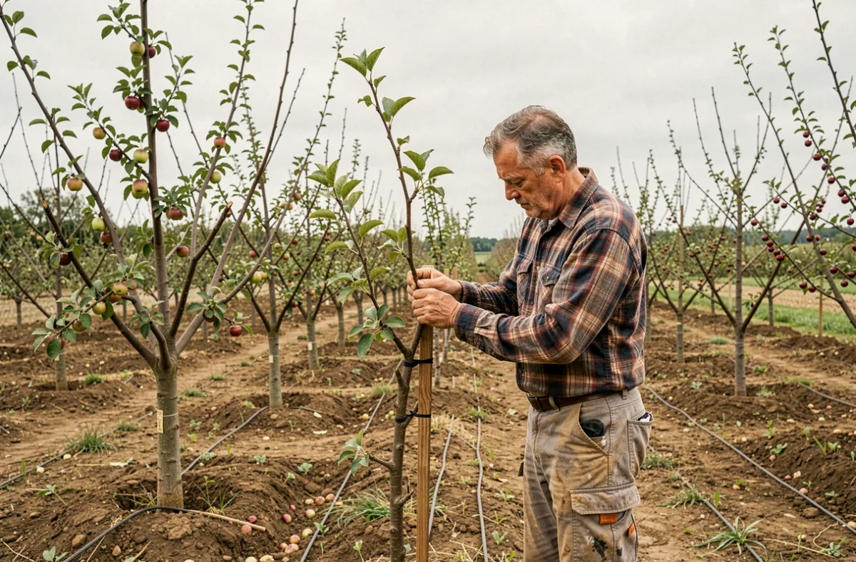 Horticulteur greffant un jeune arbre fruitier dans les rangs de la Pépinière du Fruitier