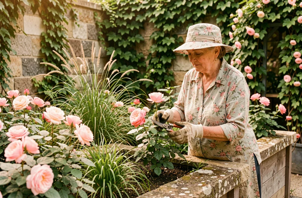 Jardinière taillant des rosiers dans la pépinière romantique du Jardin d'Astrée entourée de végétation