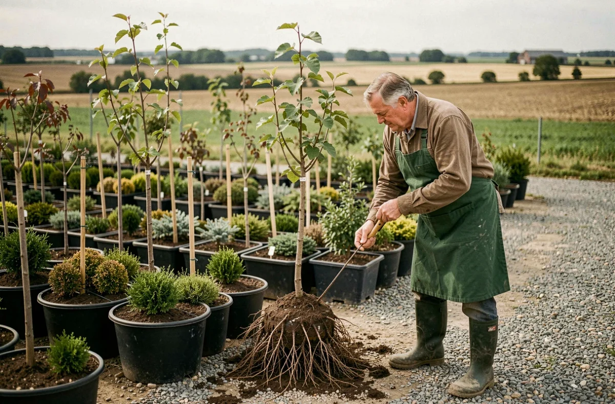 Employé d'une pépinière à Landas inspectant un jeune arbre parmi des rangées de plantes en conteneurs