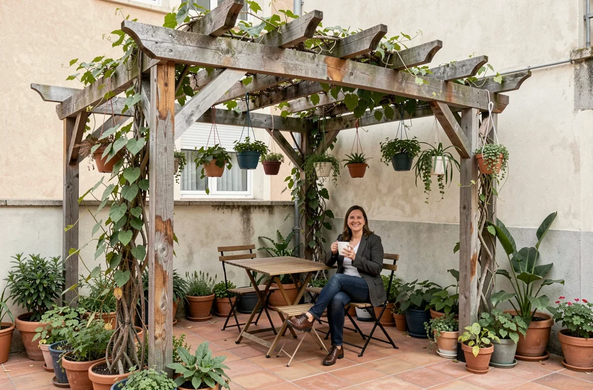 Pergola en bois récupéré terminée sur une terrasse urbaine avec femme attablée sous les plantes grimpantes