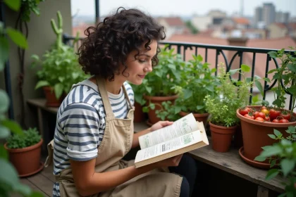 Femme lisant un livre de permaculture sur un balcon urbain entouré de plantes en pots et d'herbes aromatiques