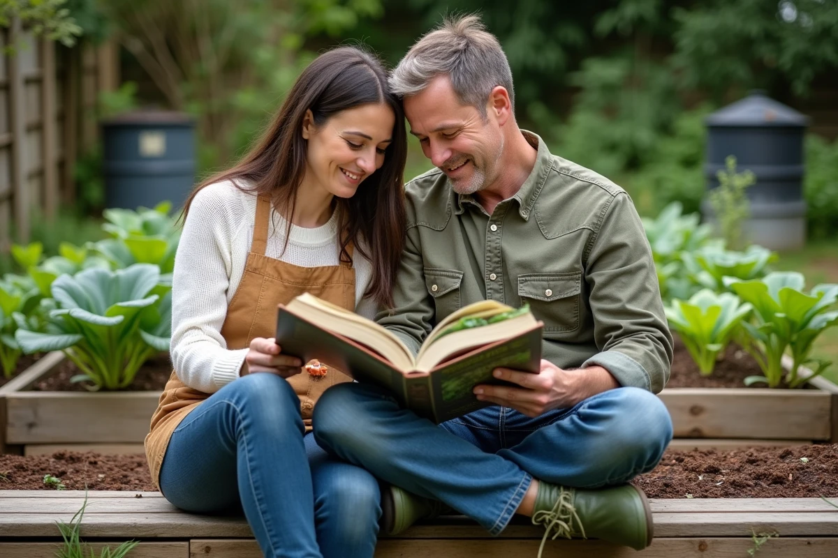 Couple étudiant ensemble un livre de permaculture assis devant un potager surélevé avec légumes et paillis