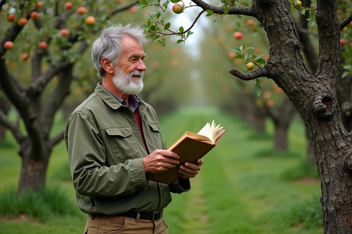 Homme consultant un guide de permaculture dans un verger familial avec arbres fruitiers et couvert végétal naturel