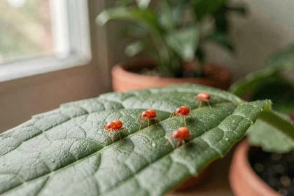 Gros plan macro de petites bêtes rouges (acariens) sur une feuille de plante d'intérieur au printemps