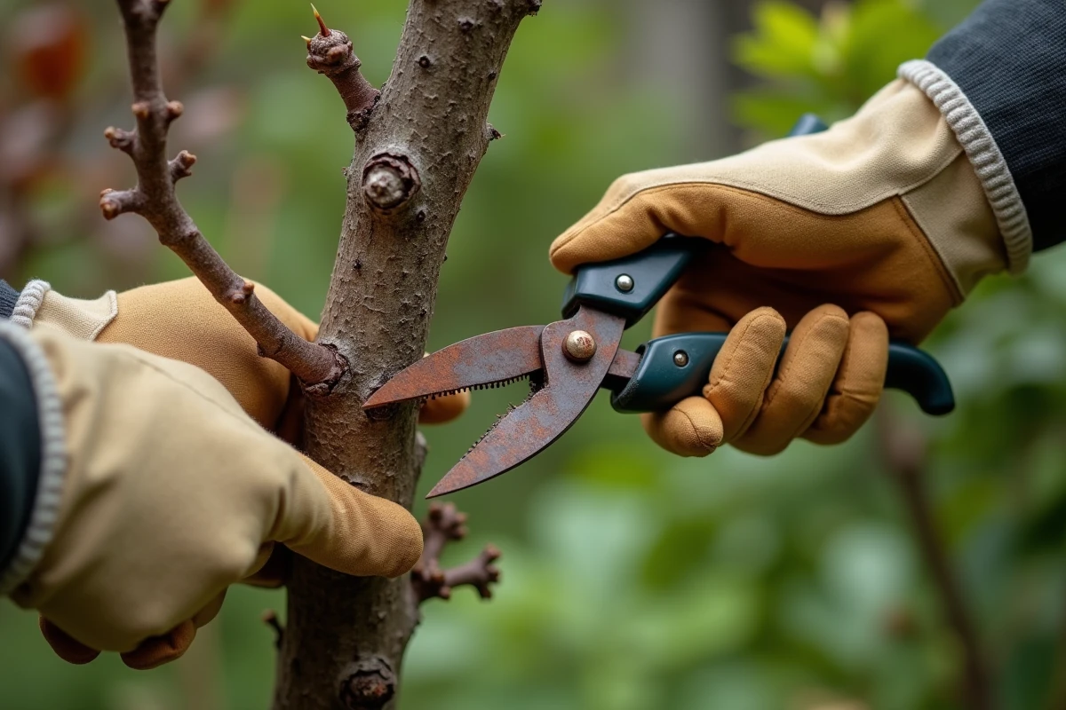 Taille incorrecte d'un Pittosporum Kohuhu avec un sécateur rouillé, erreur courante endommageant la structure de l'arbuste