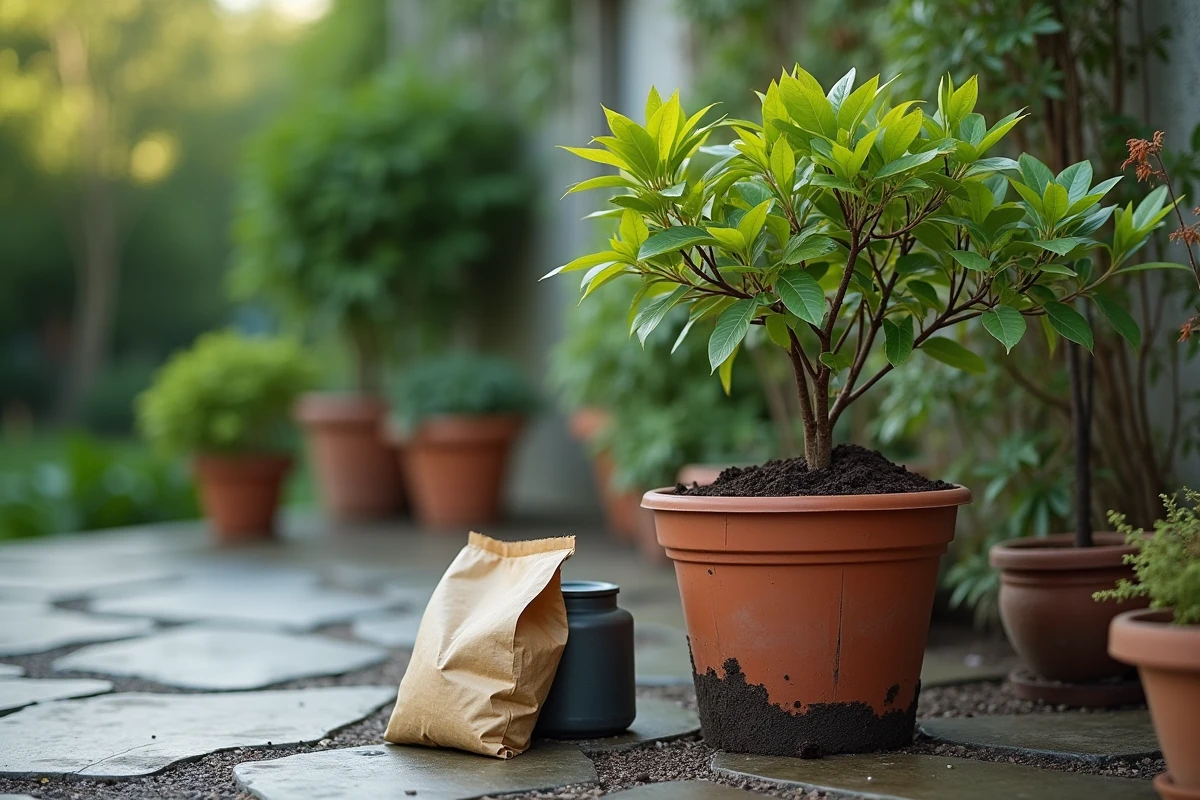 Pittosporum Kohuhu en pot trop grand sur une terrasse, avec tige noircie et signes de pourriture racinaire liés aux erreurs d'entretien