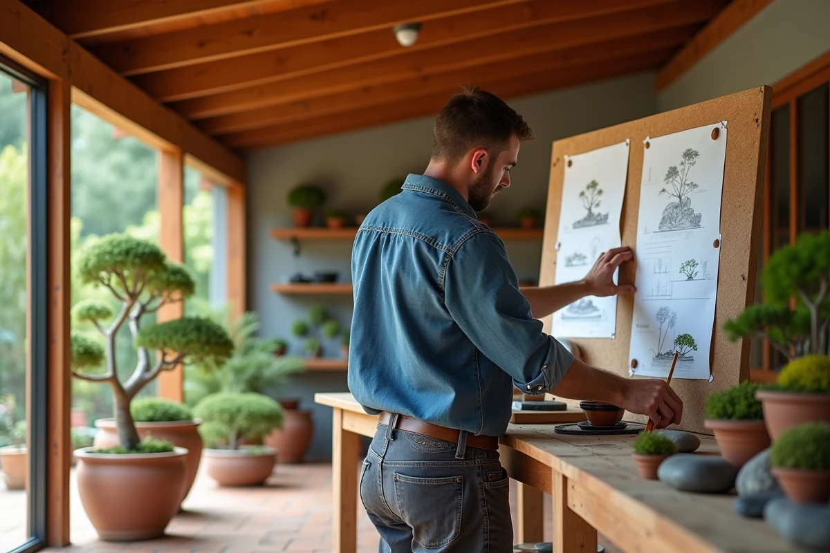 Homme planifiant un projet de jardin zen sur une terrasse en bois avec croquis, pierres de rivière et bonsaïs disposés sur un établi