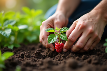 Mains de jardinier plantant une framboise dans le sol