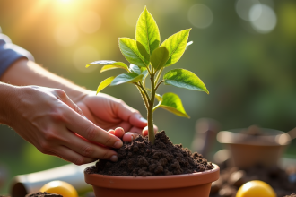 Mains plantant un jeune limonier dans un pot en céramique