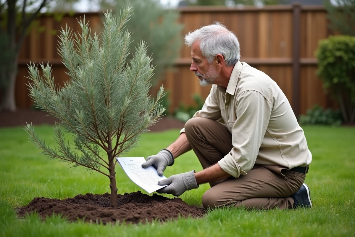 Homme d'âge mûr en train de planter un jeune olivier dans son jardin en vérifiant les distances réglementaires avec le voisinage