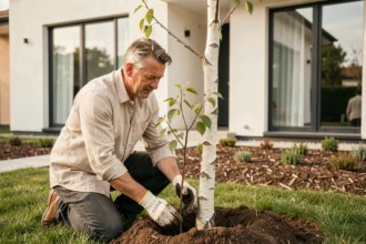 Homme plantant un jeune bouleau ornemental devant une maison neuve, idéal pour illustrer le choix d'arbres adaptés aux constructions modernes