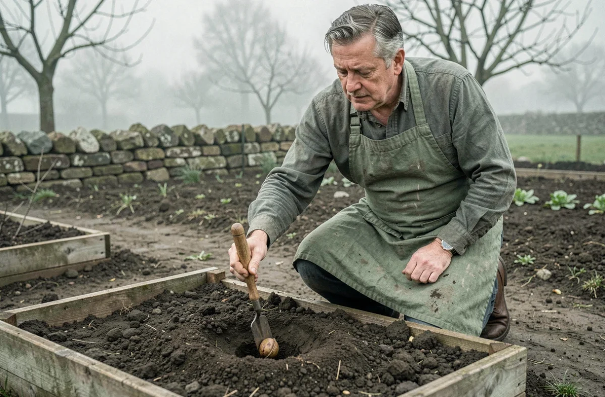 Jardinier plantant un noyau d'abricot dans un carré potager au printemps avec un plantoir en bois