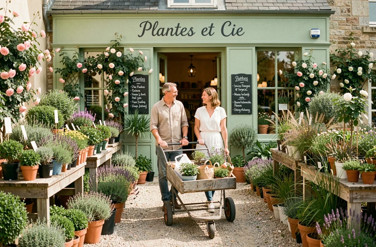 Couple choisissant des plantes parmi les présentoirs extérieurs colorés de Plantes et Cie