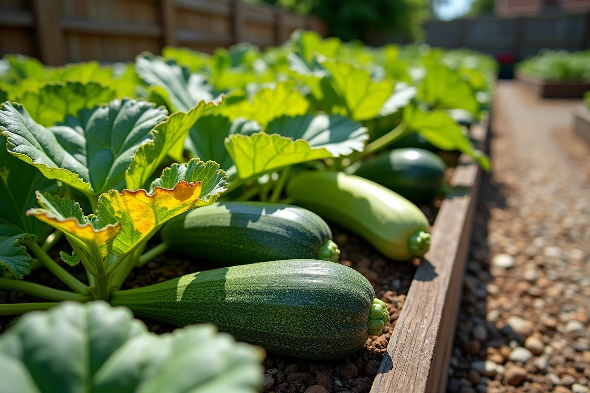 Plants de courgettes en carré potager avec feuilles tordues et décolorées par virus ou acariens