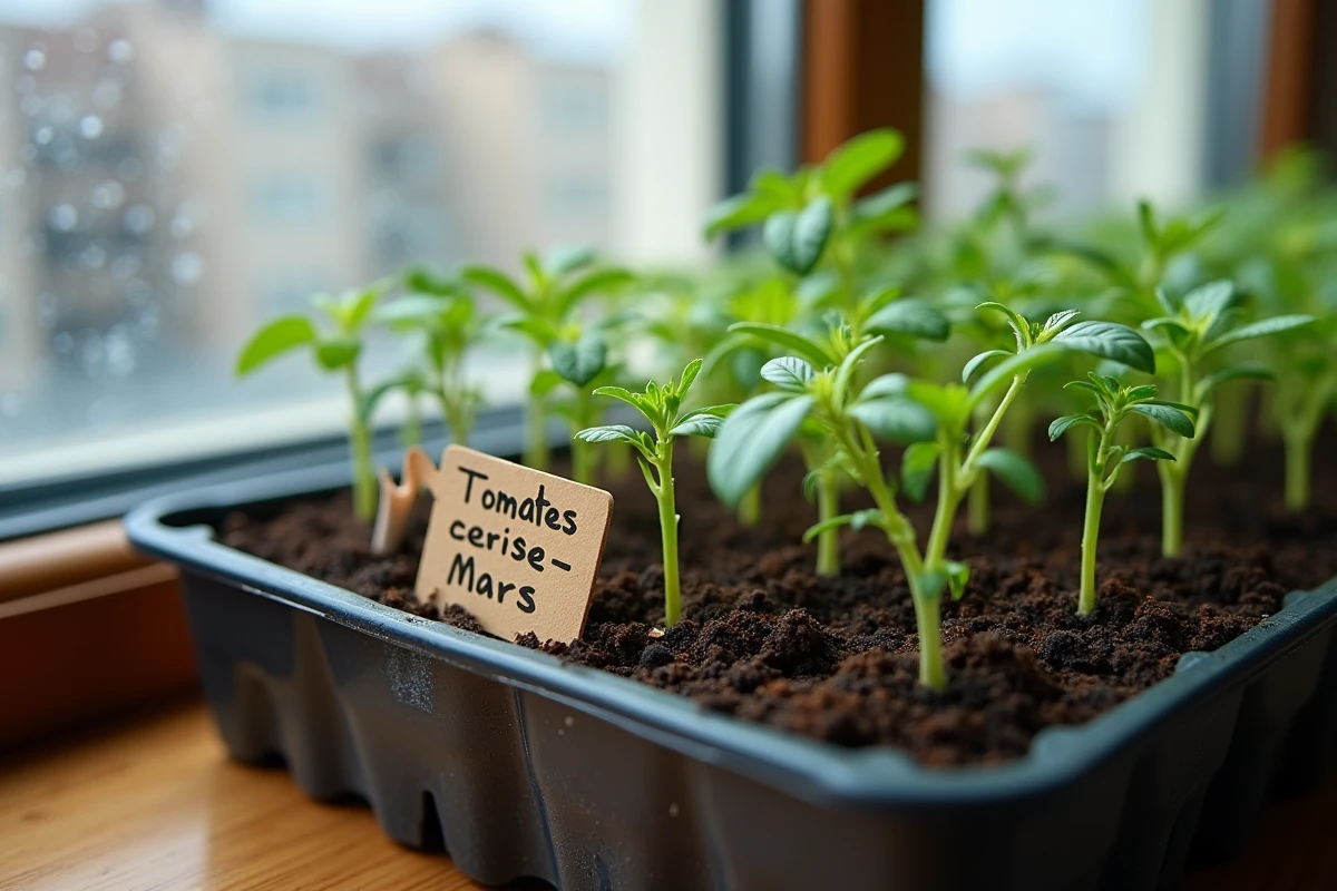 Plateaux de semis de tomates sur un rebord de fenêtre avec étiquette manuscrite indiquant la date de semis
