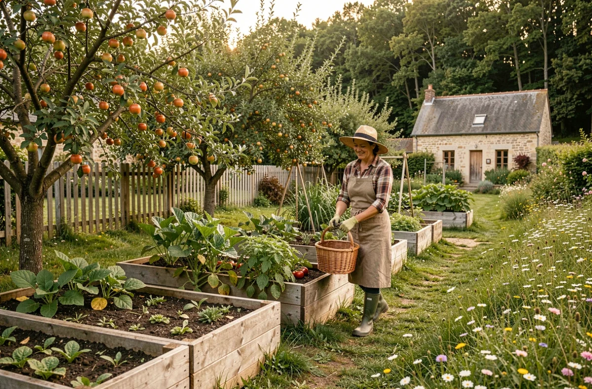 Jardin nourricier abondant avec potager surélevé et verger aménagé par Pomona Paysage en Loire-Atlantique