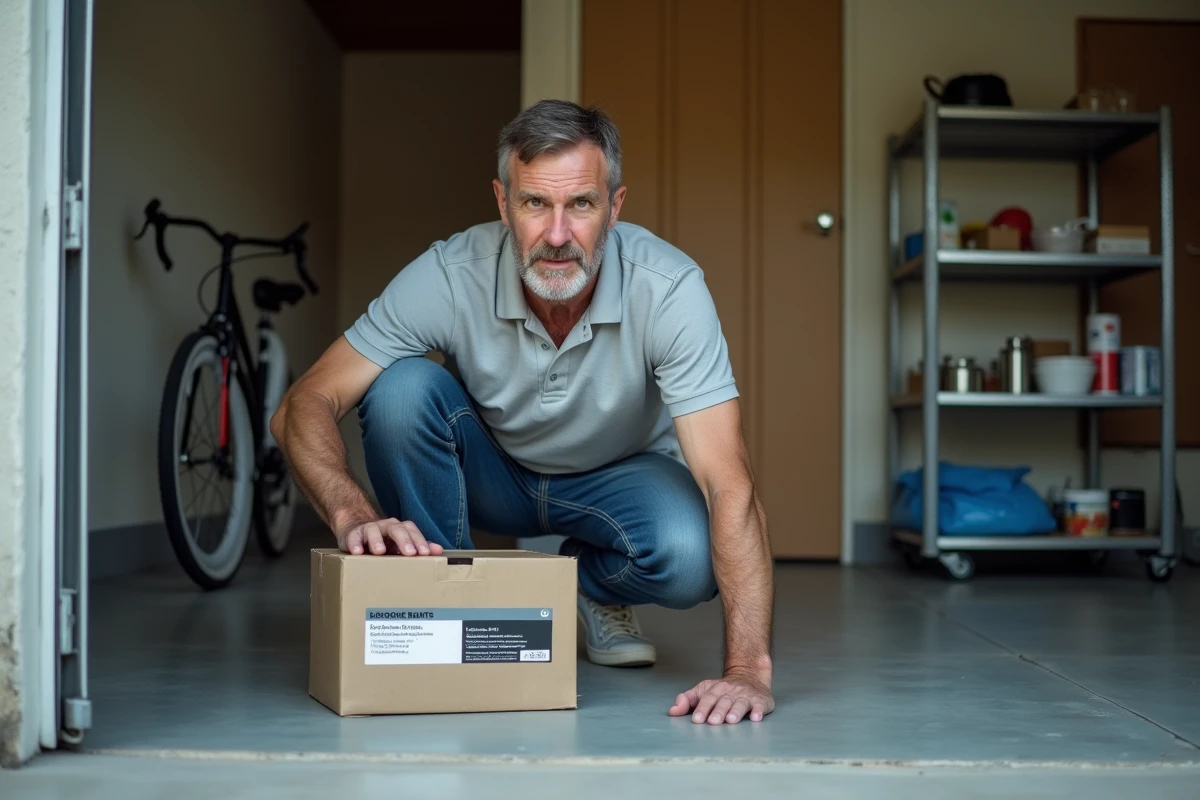 Homme installant un boîtier sécurisé pour produit rodenticide Rotalin dans un garage résidentiel loin des enfants et animaux