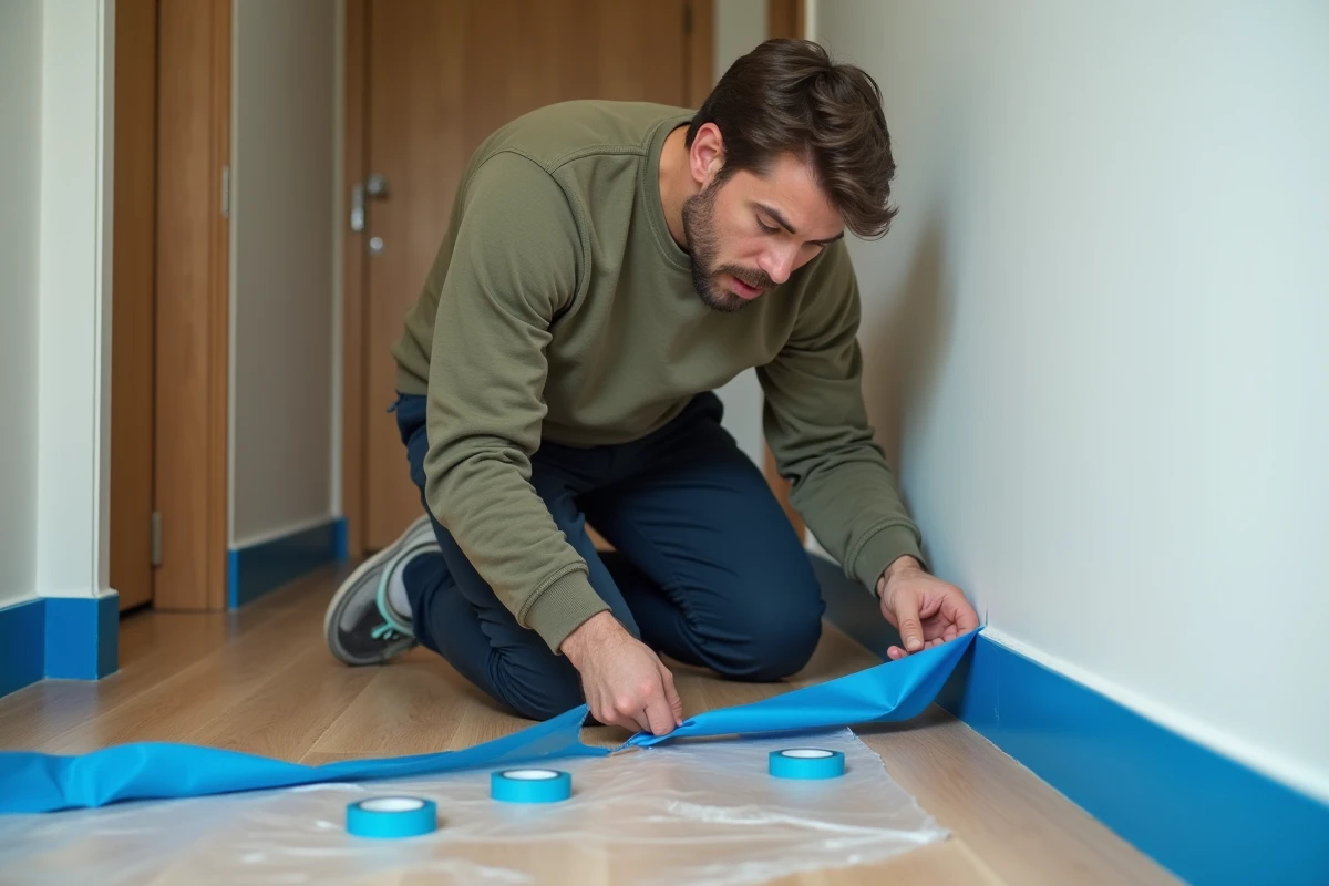 Homme appliquant du ruban de masquage sur une plinthe avant la peinture dans un couloir résidentiel