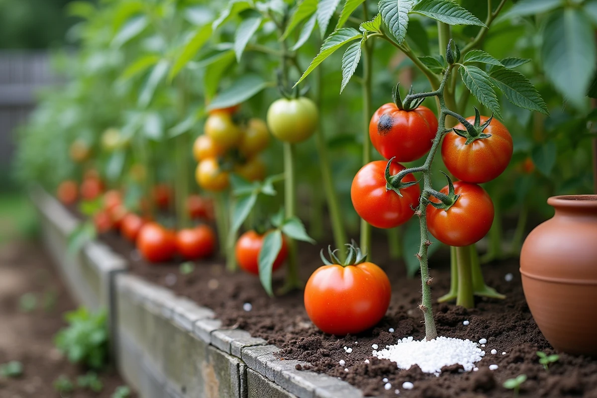 Vue d'ensemble d'un potager estival avec plusieurs plants de tomates sur tuteurs dont certains présentent des taches noires au cul des fruits, sol sec et pot d'engrais calcique visible