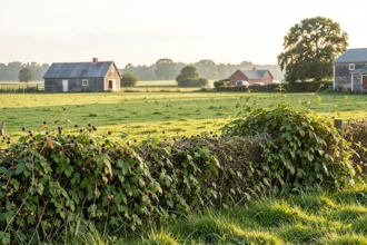 Prairie bordée de ronces à la lisière d'une exploitation agricole