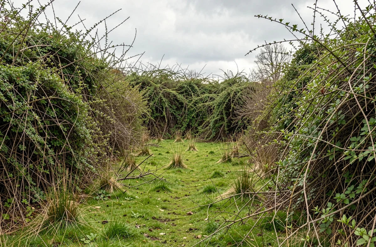 Prairie envahie par des ronces avant traitement