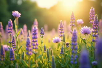 Prairie de fleurs sauvages avec lavande et lys en plein soleil