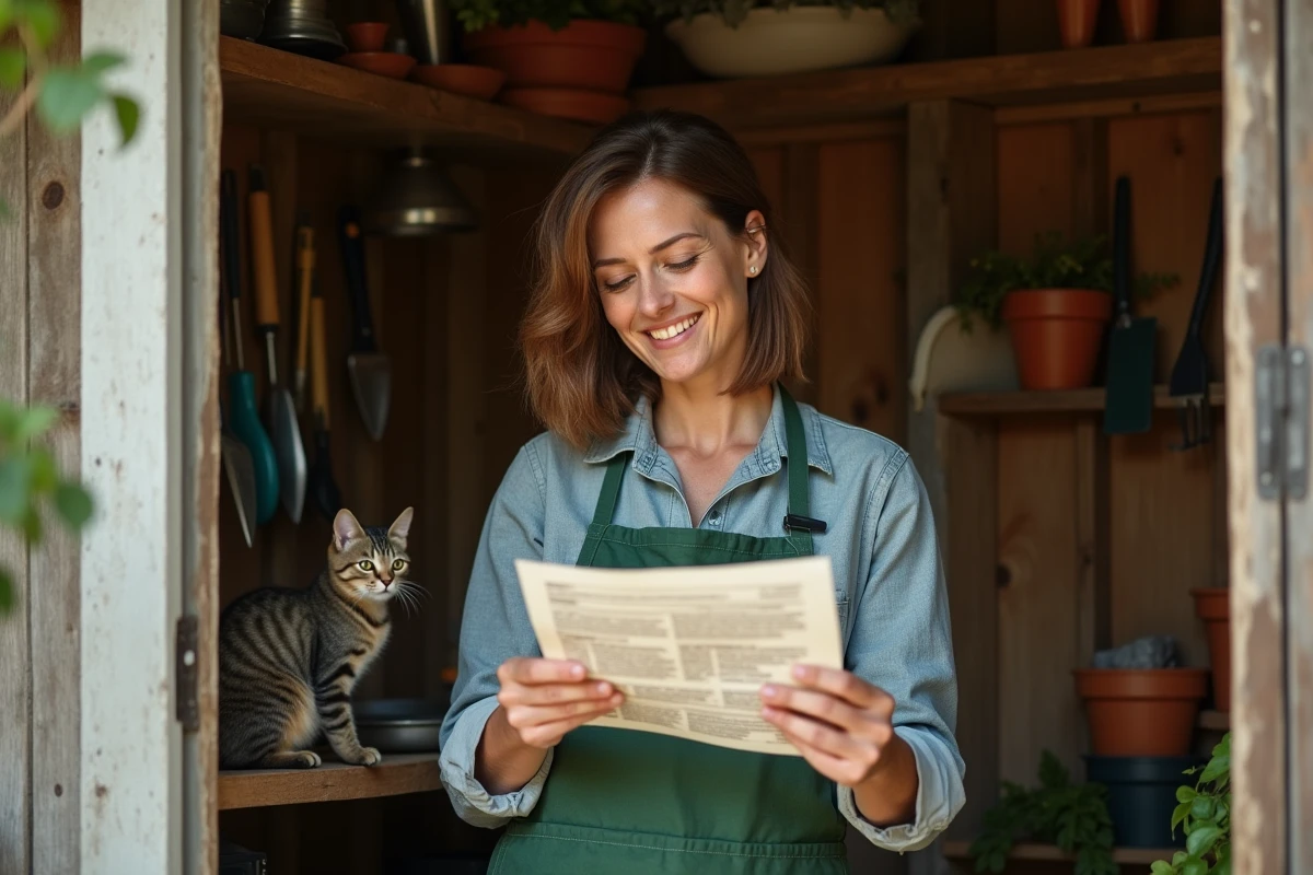 Femme consultant une fiche de précautions d'emploi du Rotalin dans un cabanon de jardin avec un chat en arrière-plan