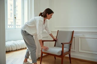 Femme déplaçant un fauteuil en bois avant l'intervention de peintres dans un appartement parisien