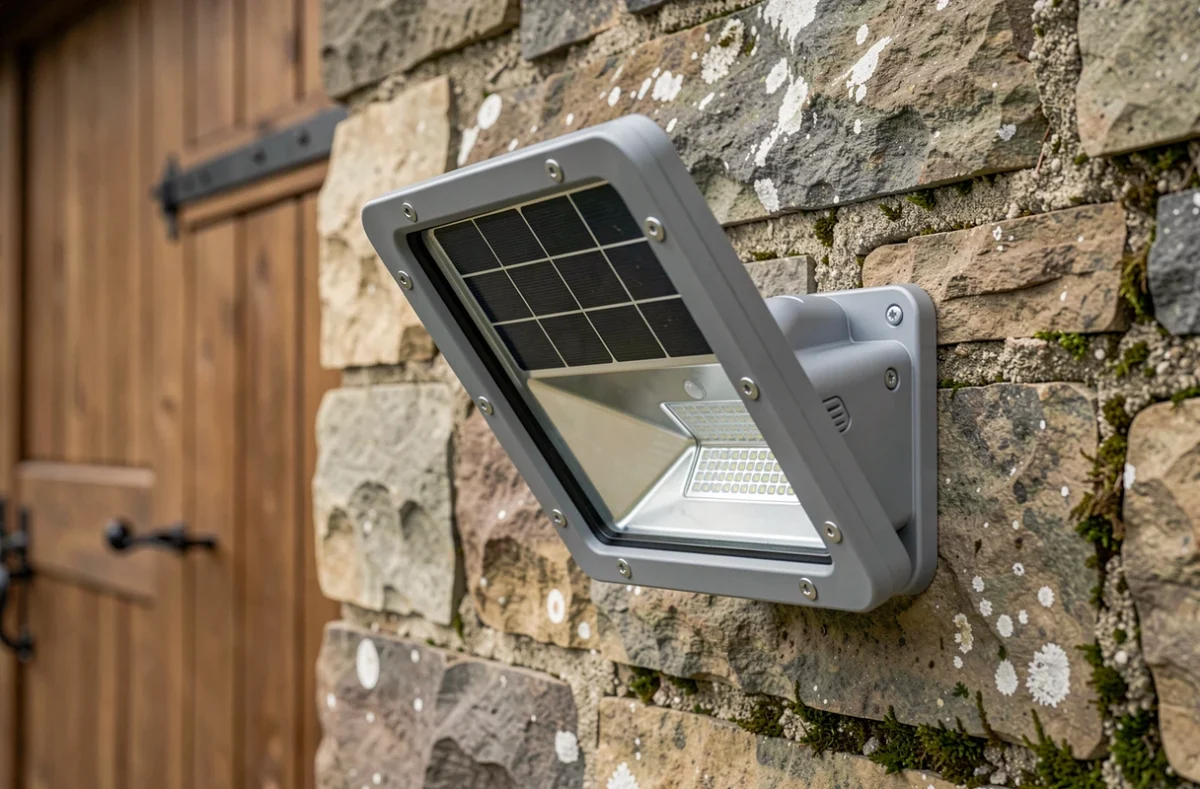 Gros plan d'un projecteur solaire LED avec panneau solaire intégré fixé sur un mur en pierre près d'un garage rural