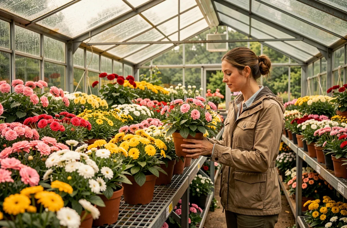 Intérieur d'une serre de la Promesse de Fleurs à Houplines avec des rangées de plantes fleuries colorées