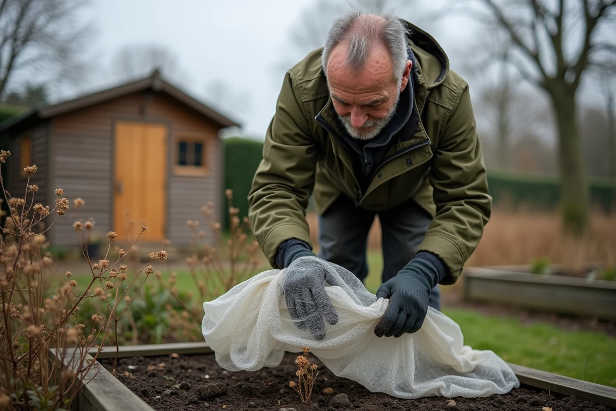 Jardinier protégeant un plant de lisianthus avec un voile d'hivernage dans un potager par temps froid