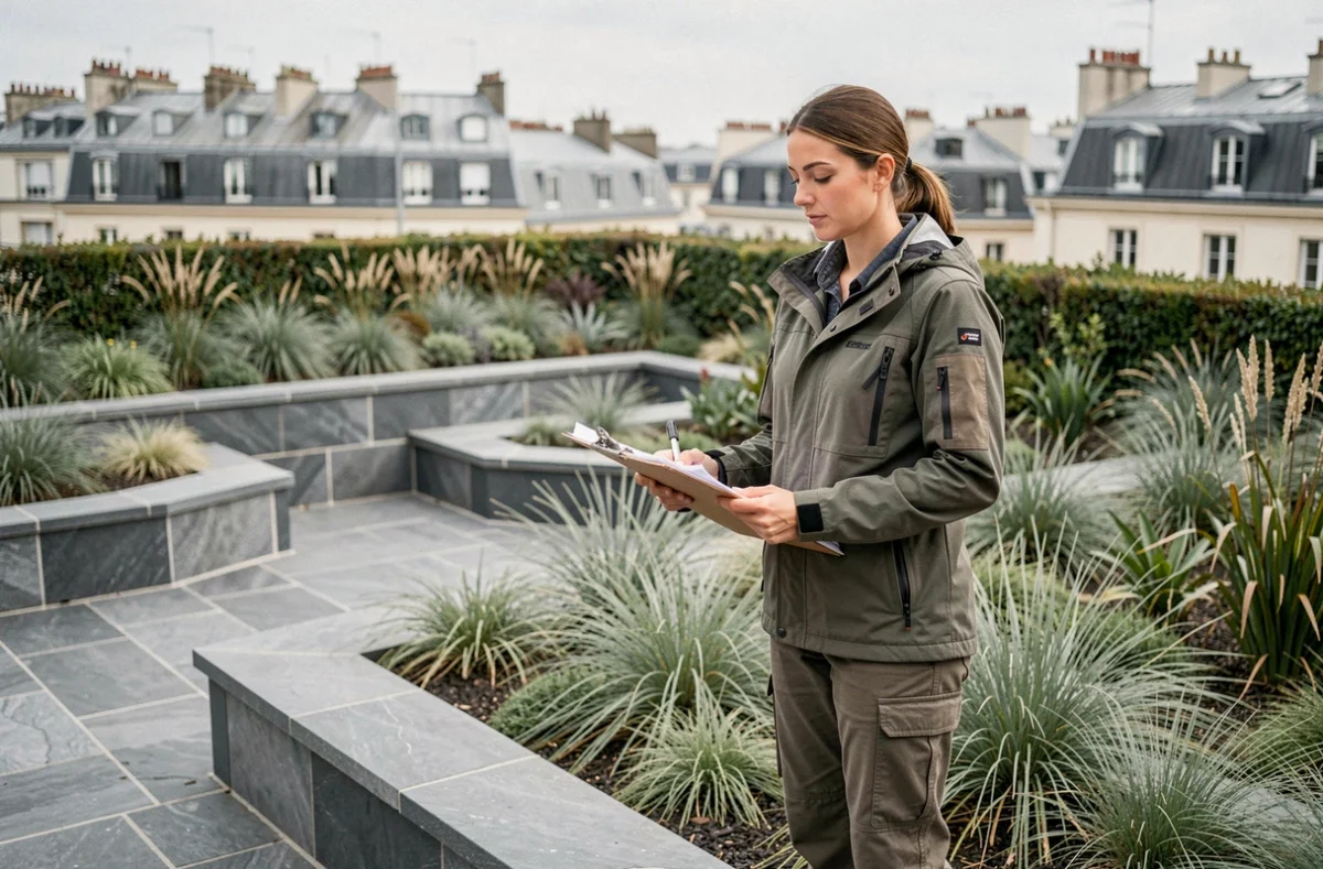 Paysagiste Quadra-Terra inspectant une terrasse jardinée à Paris, tenant des plans d'aménagement avec des plantations ornementales en premier plan