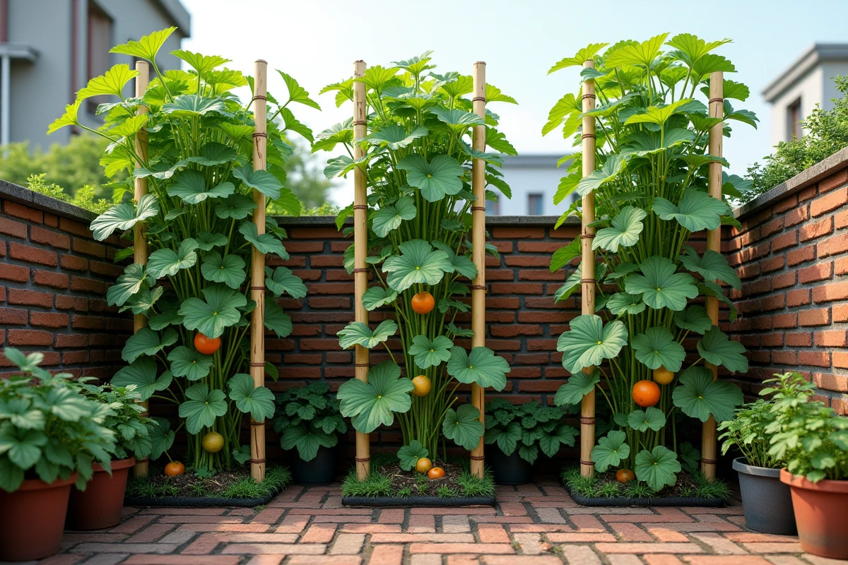 Rangée de tuteurs bambou avec filets pour la culture verticale de melons dans un petit potager urbain