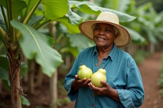 Femme récoltant des christophines mûres sur un treillage dans un jardin tropical luxuriant