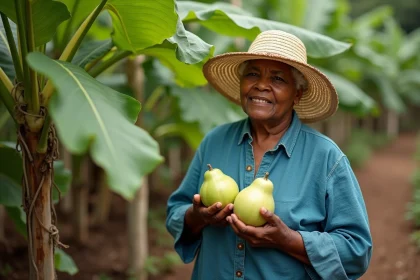 Femme récoltant des christophines mûres sur un treillage dans un jardin tropical luxuriant